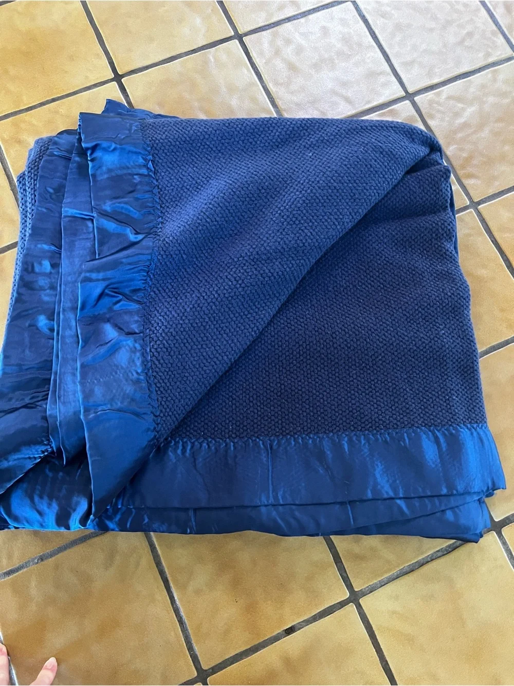 Vintage Ralph Lauren Acrylic Blanket Satin Trim Navy Blue King Size Made In USA